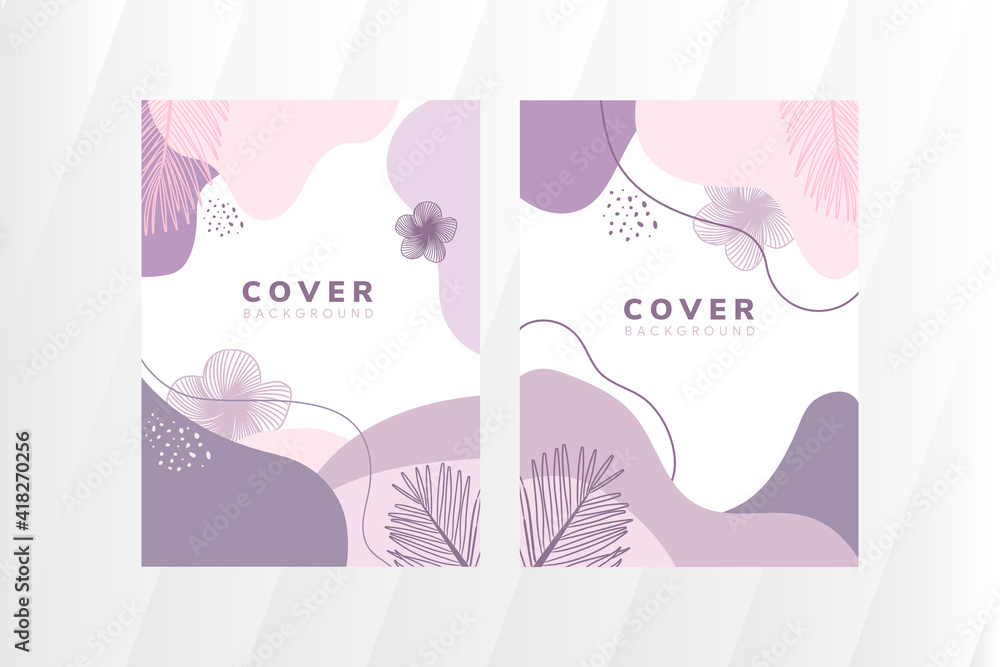 Abstract colorful background cover with pastel flat color. Can be used for flyer, annual report, book cover, identity, placard. pastel color pink, purple, poster template. leaf and flower element.