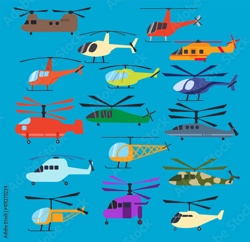 Different helicopters icons set, vector illustration. Military, construction, firefighting, search and rescue, tourism, medical helicopter, isolated on blue sky background