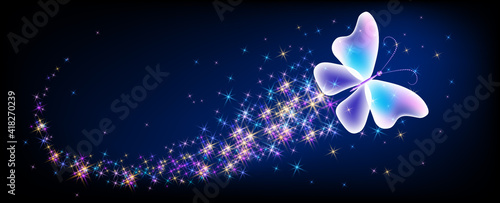 Magic butterfly with fantasy sparkle, blazing trail and glowing stars on black background