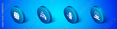 Set Isometric Barrel for wine, Pinocchio, Fountain and Coliseum Rome icon. Vector.