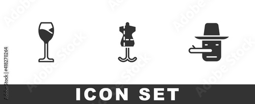 Set Wine glass, Mannequin and Pinocchio icon. Vector.