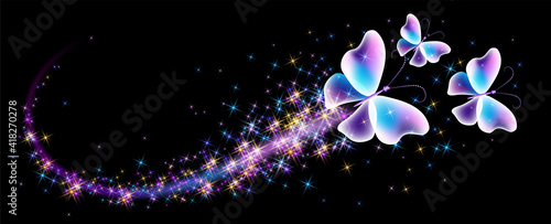 Magic butterflies with fantasy sparkle, blazing trail and glowing stars on black background