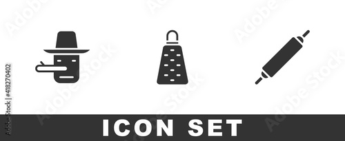 Set Pinocchio, Grater and Rolling pin icon. Vector.