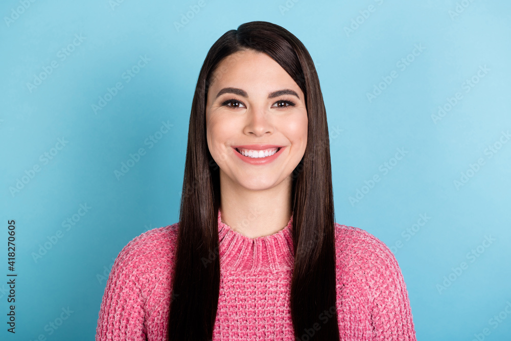 Portrait of gorgeous satisfied lady beaming smile look camera wear pullover isolated on blue color background Portrait of gorgeous satisfied lady beaming smile look camera wear pullover isolated on blue color background