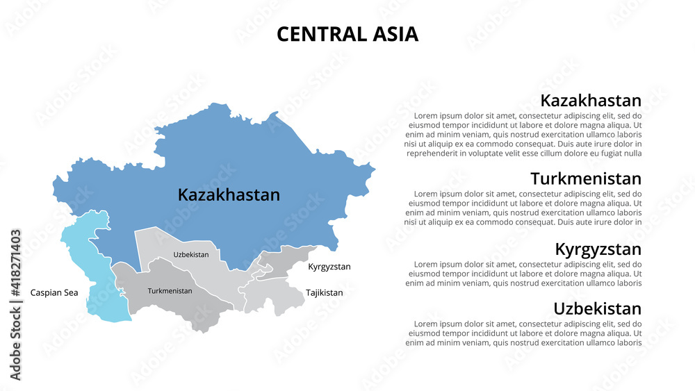Central Asia vector map infographic template divided by countries. Slide presentation Central Asia vector map infographic template divided by countries. Slide presentation
