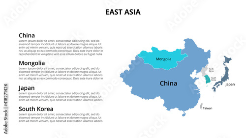 East Asia vector map infographic template divided by countries. Slide presentation