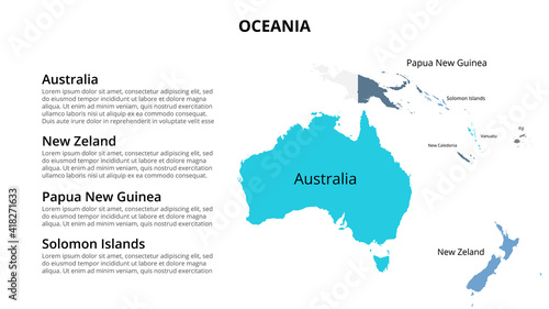 Oceania vector map infographic template divided by countries. Slide presentation