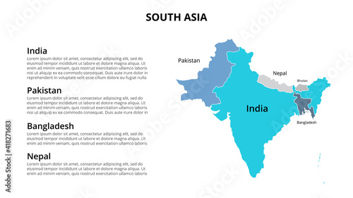 South Asia vector map infographic template divided by countries. Slide presentation