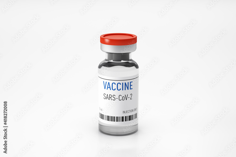 A vial with a vaccine to fight the coronavirus. Glass bottle. COVID-19 virus. 3D rendering A vial with a vaccine to fight the coronavirus. Glass bottle. COVID-19 virus. 3D rendering