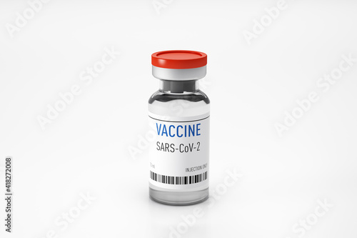 A vial with a vaccine to fight the coronavirus. Glass bottle. COVID-19 virus. 3D rendering