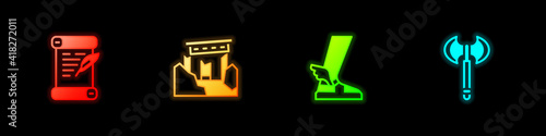 Set Decree, parchment, scroll, Ancient ruins, Hermes sandal and Medieval axe icon. Vector.