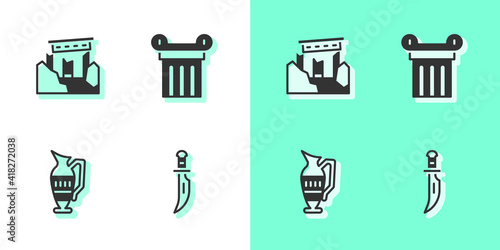 Set Dagger, Ancient ruins, amphorae and column icon. Vector.