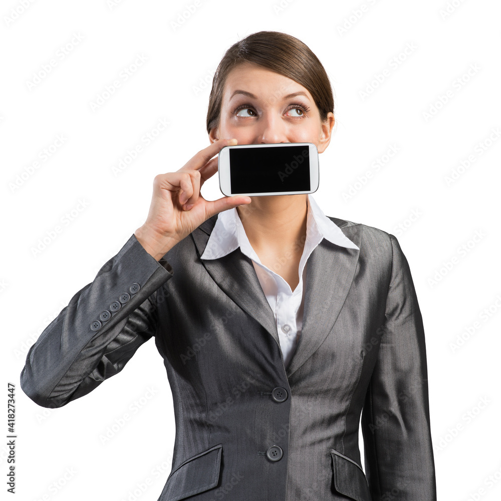 Woman covering her mouth with smartphone Woman covering her mouth with smartphone
