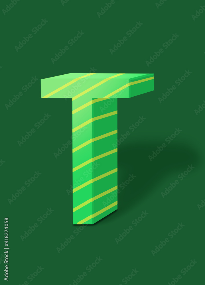 The letter T of the English alphabet is light green with yellow stripes. The letter T of the English alphabet is light green with yellow stripes.