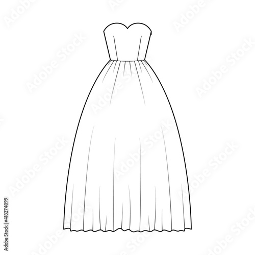 Crinoline dress technical fashion illustration with strapless sweetheart neckline, long floor length, full skirt. Flat apparel template front, white color style. Women, men unisex CAD mockup