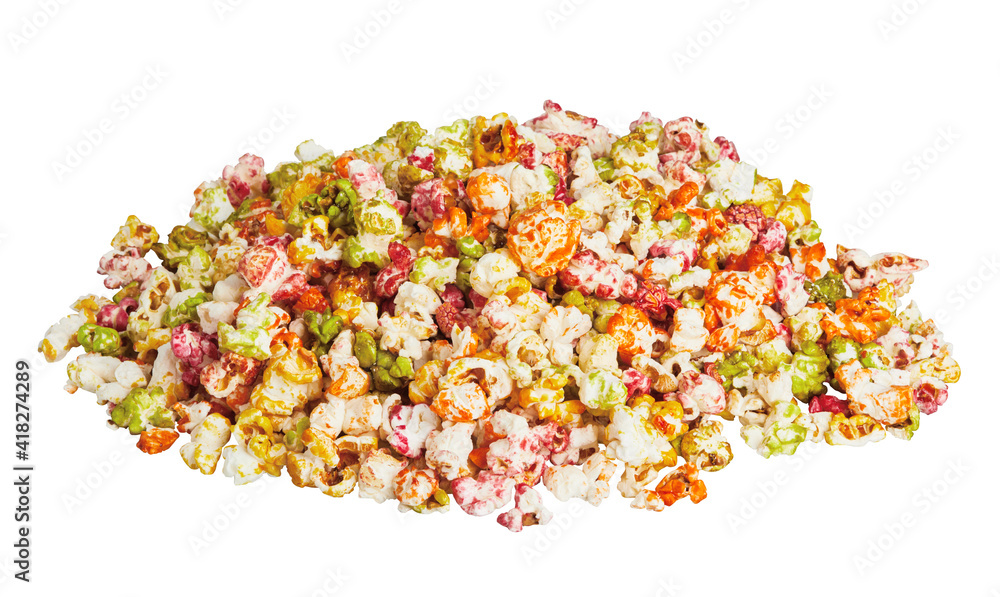 Heap of delicious glazed mix of pop corn, isolated on white background with clipping path Heap of delicious glazed mix of pop corn, isolated on white background with clipping path