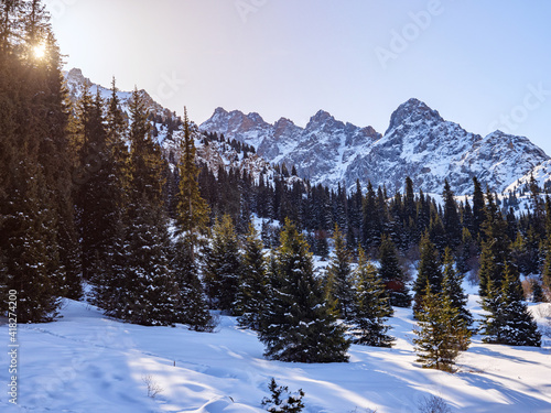 Winter mountain landscape. Morning in the mountains of the Zailiyskiy Alatau. Snow-capped mountain peaks and spruce trees