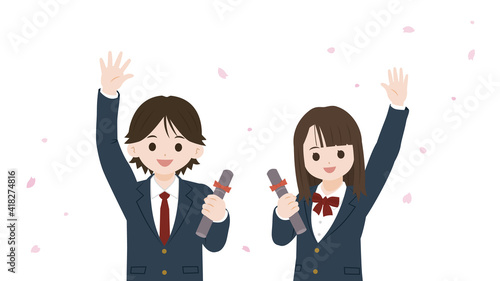 卒業生　学生　中高生　男女　卒業証書　手を振る　イラスト素材