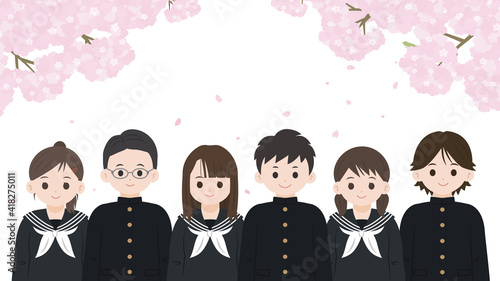 卒業　入学　学生　中高生　生徒　男女　桜　イラスト素材