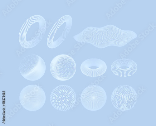 Geometric shape for design. The torus consisting of points. The sphere consisting of points. Molecular grid. 3d technology style. Vector illustration.