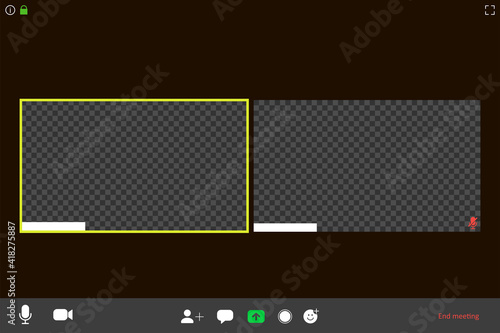 Screen video conference. Video call interface. Online meeting template. Screen of two video conference cells on a computer. Vector illustration