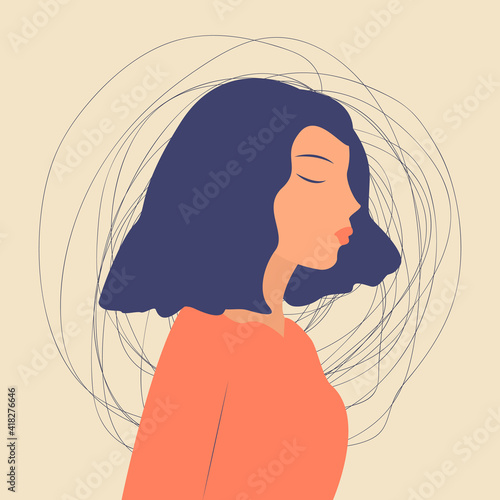 Frustrated sad Young cute woman with a tangle of thoughts in a state of depression, confused situation with Mental disorder and chaos. Girl with nervous problem feel anxiety and confusion. Vector.