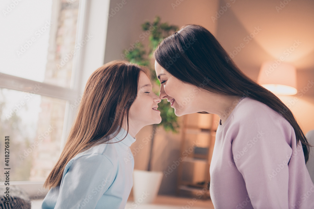 Profile photo of optimistic brunette red hairdo mom daughter kiss nose wear sweater at home Profile photo of optimistic brunette red hairdo mom daughter kiss nose wear sweater at home