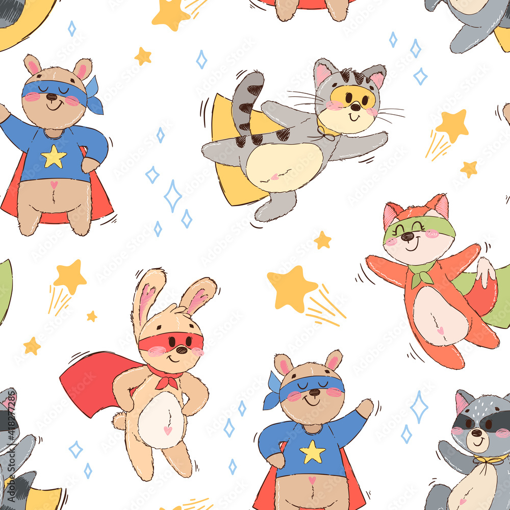 Obraz premium Seamless pattern with cute animals superheroes. Texture of hand drawn characters: teddy bear, hare, fox, cat, raccoon. Background for children's book, print, poster, wallpaper, textile, fabric.