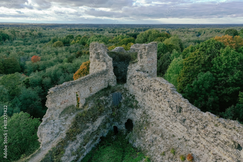 Aerial view of the Defensive Fortress in the south-west of the Leningrad Region, on the edge of the Izhora Upland, in the village of Koporye. A platform for a high rocky promontory.