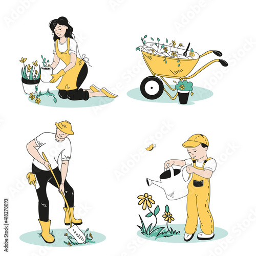 The family is engaged in gardening.Seth, different poses. Everyone is busy with their own business.