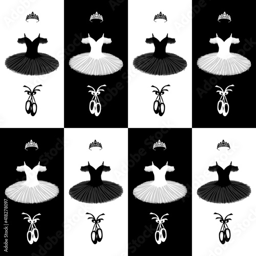 vector seamless pattern with the image of a tutu, pointe shoes and a crown