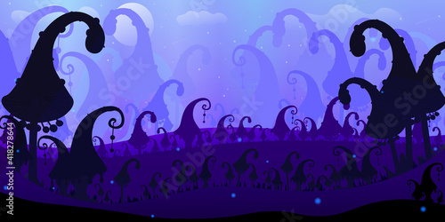 Fantasy world landscape with alien cosmic mushrooms silhouette, game fairy background with deep forest, mystery planet environment, dream like wonderland nature in cartoon style