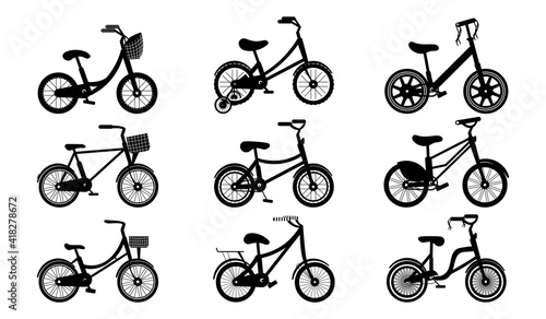 Set of different kids of bicycles in black and white style for kids, bike silhouette, transport design, types of bicycles on white background