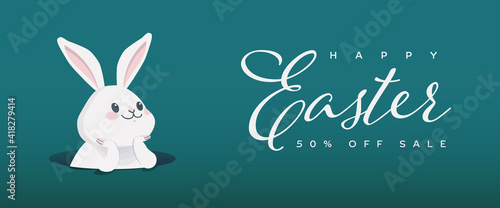 Baner for Easter sale, on a dark background white rabbit. Bunny. Flyer with a 50% sale. Special offer.