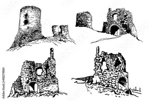 Graphical set of ruins of Crimea isolated on white background. Vector illustration