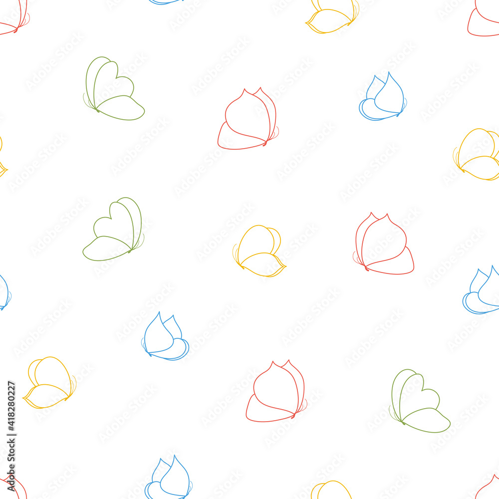 Seamless vector pattern with butterfly symbol of summer. Line objects. Colorful palette. Cute hand drawn background for wrapping paper, print, card, gift, fabric, wallpaper, textile, banner, package.