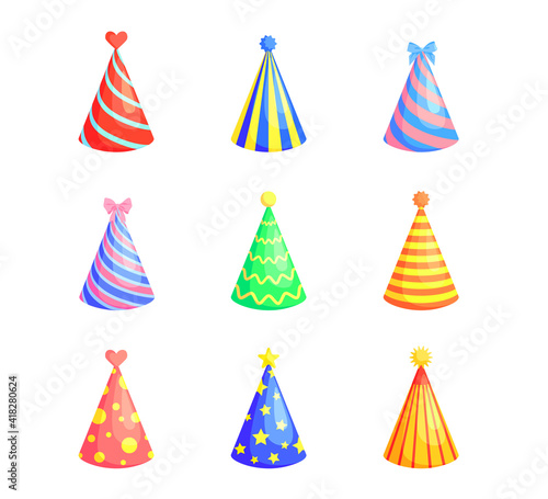 Bright colorful party caps flat pictures collection. Cartoon birthday, anniversary and carnival cone paper hats isolated vector illustrations. Holiday decoration elements and celebration concept