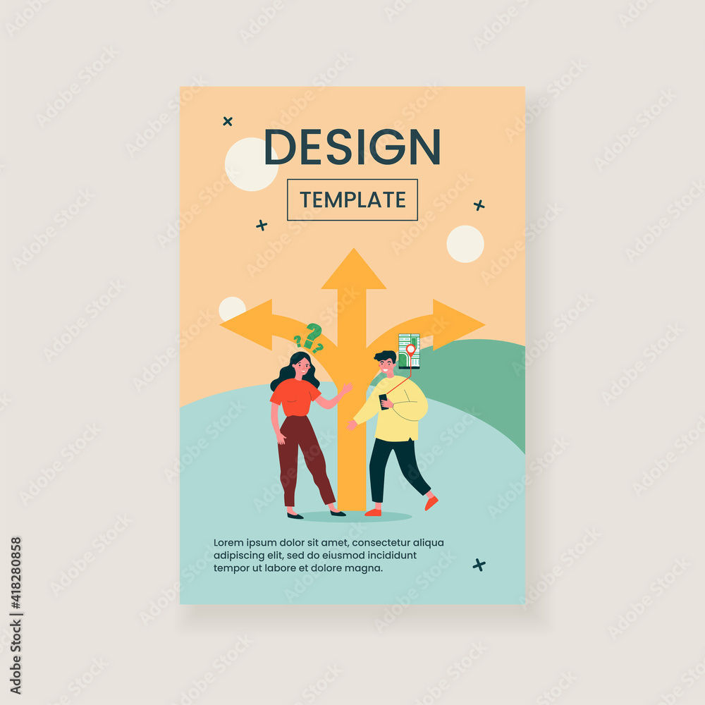 Young people choosing way and using GPS. Map, route, arrow flat vector illustration. Direction and navigation concept for banner, website design or landing web page Young people choosing way and using GPS. Map, route, arrow flat vector illustration. Direction and navigation concept for banner, website design or landing web page