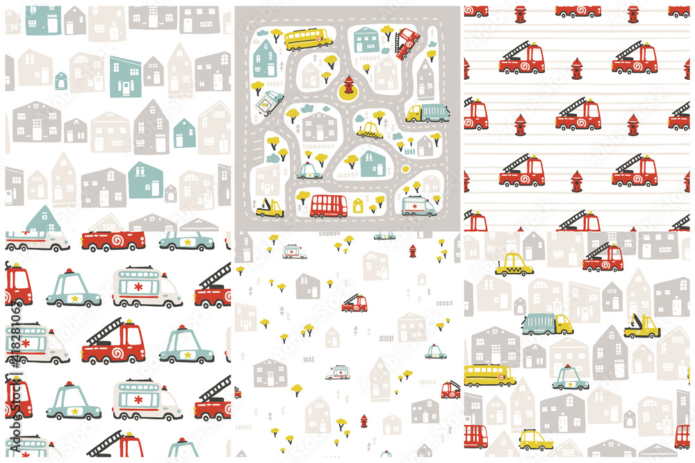 Fototapeta premium Roads and cars. Nurseri set of patterns for baby textiles, fabrics or packaging. Vector seamless backgrounds with simple hand drawn doodle illustrations in cute cartoon scandinavian style