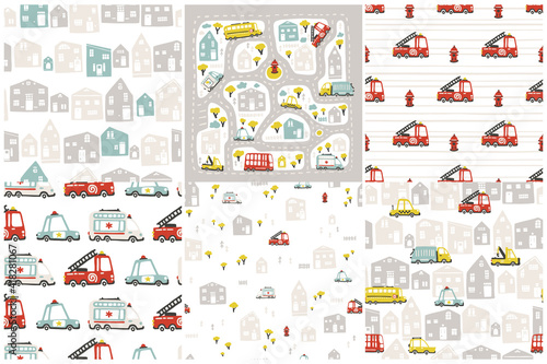 Roads and cars. Nurseri set of patterns for baby textiles, fabrics or packaging. Vector seamless backgrounds with simple hand drawn doodle illustrations in cute cartoon scandinavian style