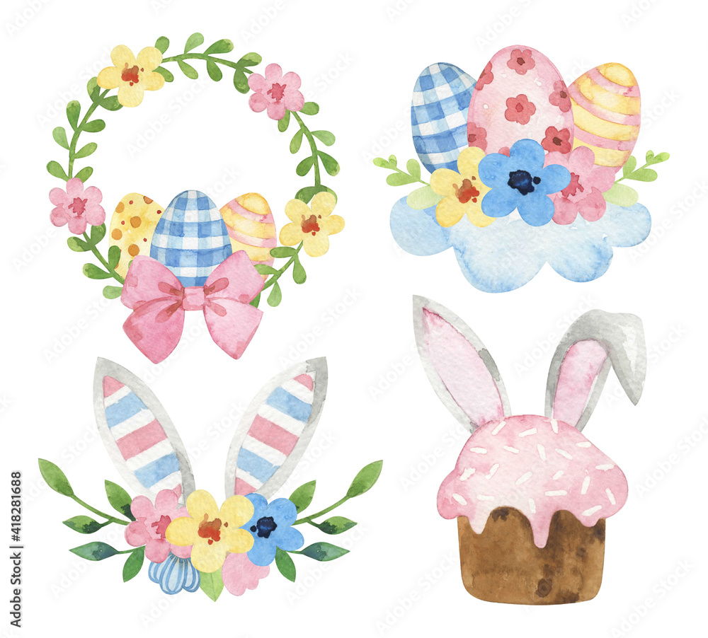 watercolor set of easter illustration, easter wreath, easter eggs, kulich, easter bunny