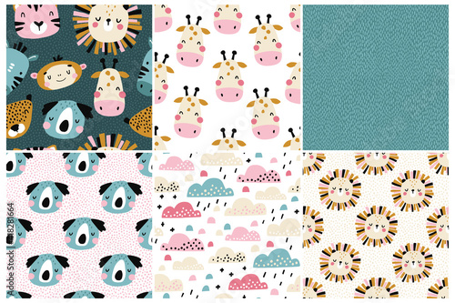 Jungle pattern set. Collection of vector seamless baby backgrounds with cute tropical animal muzzles. Pink clouds. Hand drawn doodle characters. Ideal for nursery textiles, fabrics, wrapping.