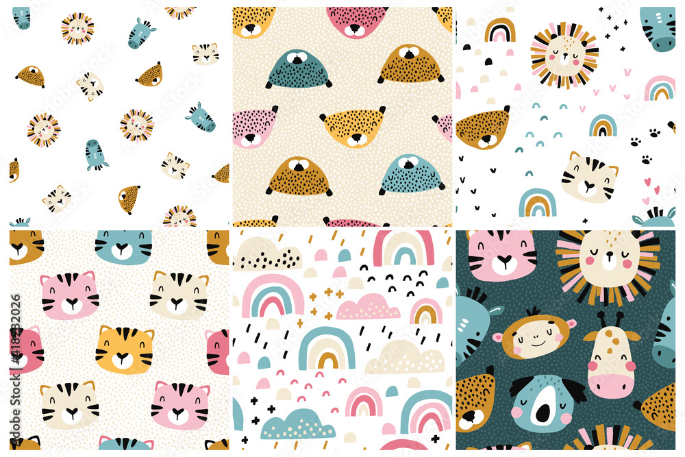 Jungle pattern set. Collection of vector seamless baby backgrounds with cute tropical animal muzzles. Pink clouds. Hand drawn doodle characters. Ideal for nursery textiles, fabrics, wrapping.