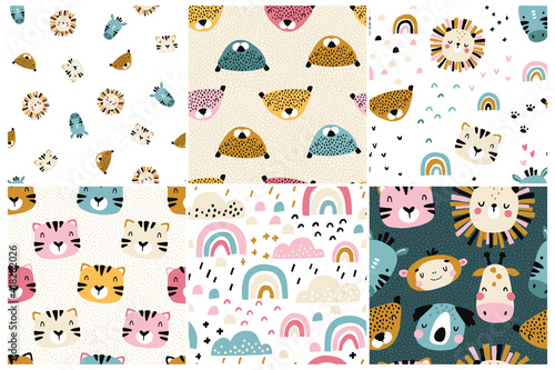 Jungle pattern set. Collection of vector seamless baby backgrounds with cute tropical animal muzzles. Pink clouds. Hand drawn doodle characters. Ideal for nursery textiles, fabrics, wrapping.