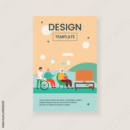 Cheerful diverse people watching TV. Senior couple, assistant, disabled man in wheelchair flat vector illustration. Leisure time, movie, show concept for banner, website design or landing web page