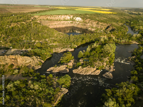 Aerial rocky landscape on Southern Bug River with rapids. Ukraine photo