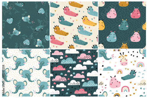 Jungle pattern set. Collection of vector seamless baby backgrounds with cute tropical animal muzzles. Pink clouds. Hand drawn doodle characters. Ideal for nursery textiles, fabrics, wrapping.