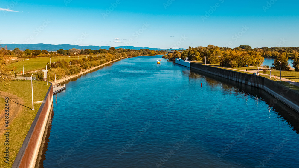 Beautiful autumn or indian summer view at the danube lock near Straubing, Bavaria, Germany