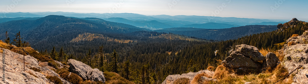 High resolution stitched panorama of a beautiful autumn or indian summer view at the famous Grosser Arber summit, Bayerisch Eisenstein, Bavarian forest, Bavaria, Germany