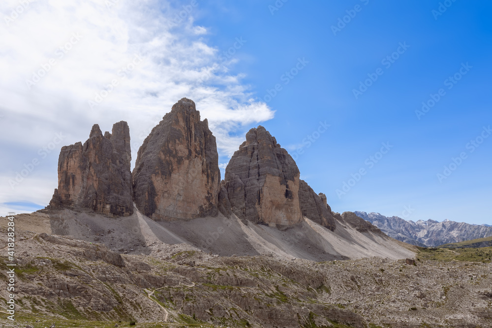 Beautiful view of the famous three peak of Tre Cime di Lavaredo. Italian Dolomites. South Tyrol, Italy